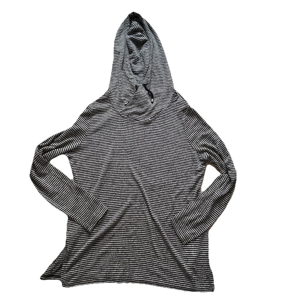 Premise womans size MED long sleeve black grey stripe hooded sweater top